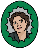 Illustration of a framed picture of Miranda, a young white woman with short brown hair, from the shoulders up.